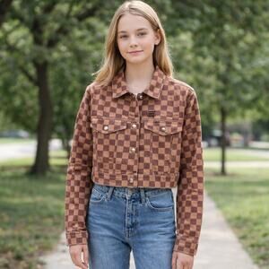 Checkered Crop Denim Jacket Juniors Medium NWT